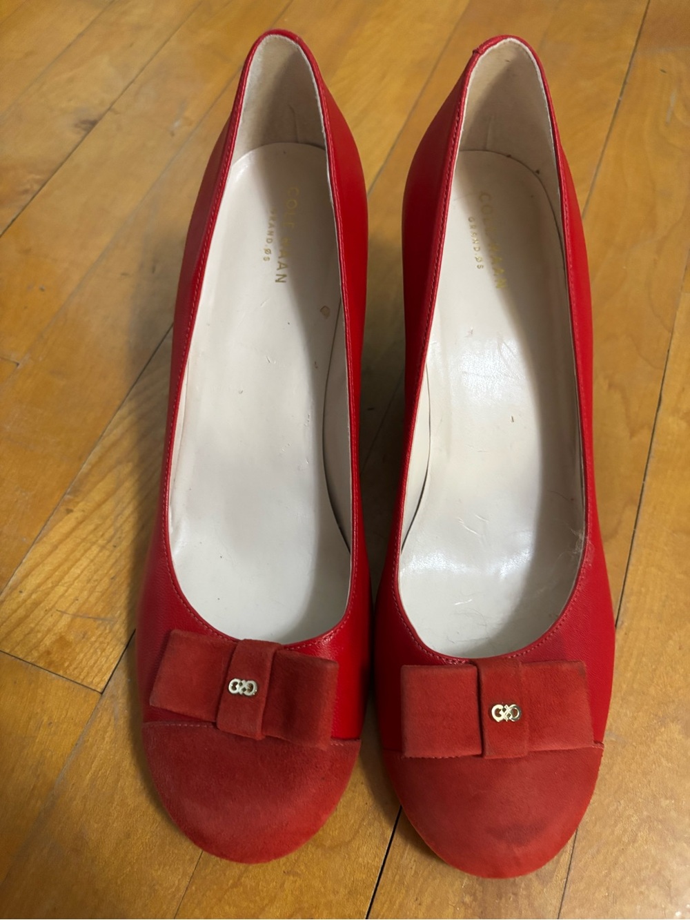 Cole Haan Red Leather and Suede Bow Pumps